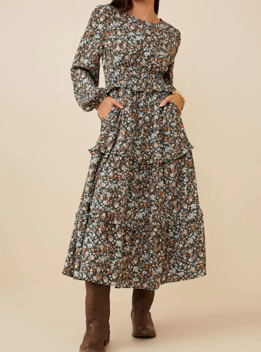 Cinched Waist Ruffle Midi Dress