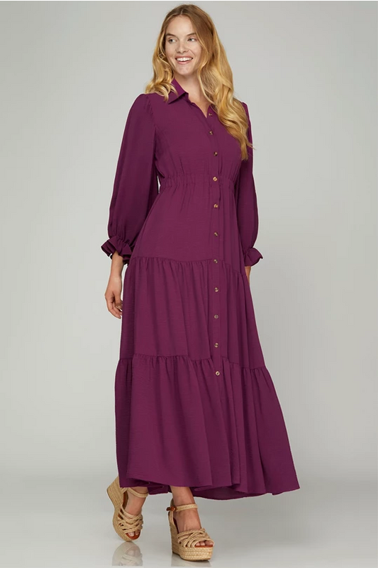 Magenta Button Down Puff Sleeve Maxi Dress