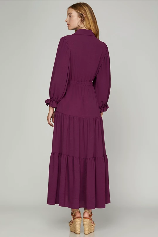 Magenta Button Down Puff Sleeve Maxi Dress