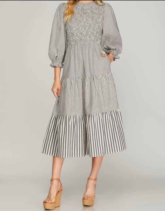 Navy Smocked 3/4 Sleeve Dress