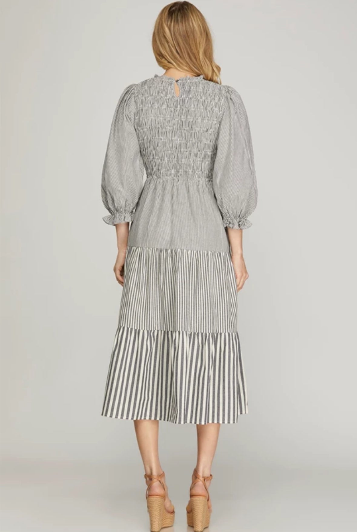 Navy Smocked 3/4 Sleeve Dress