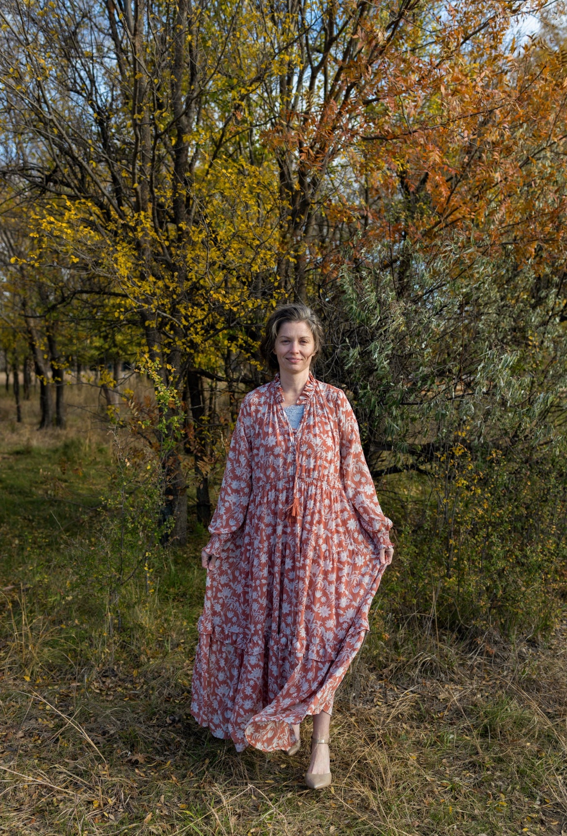 Rust Chiffon Floral Maxi Dress