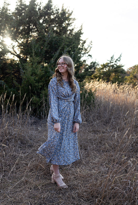 Gray Floral Crisscross Midi Dress